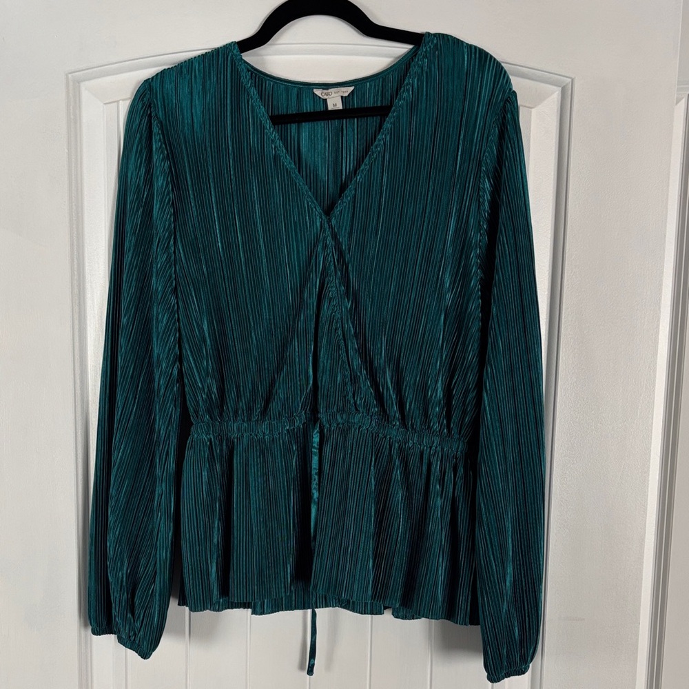 Cato Teal Pleated V-Neck Blouse